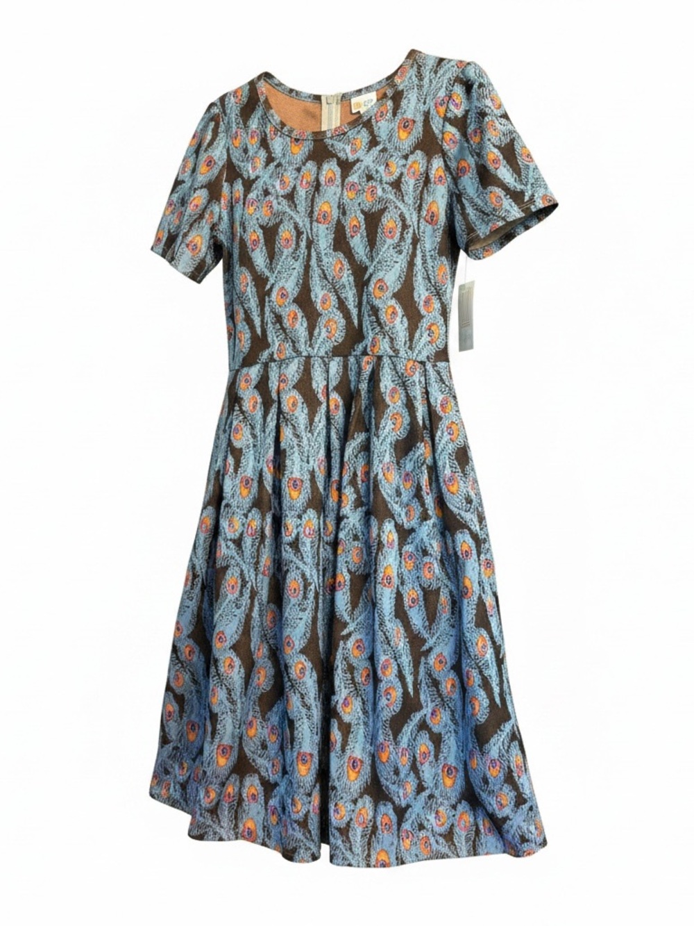 LuLaRoe Blue Peacock Feather Amelia Dress Size Large NWT